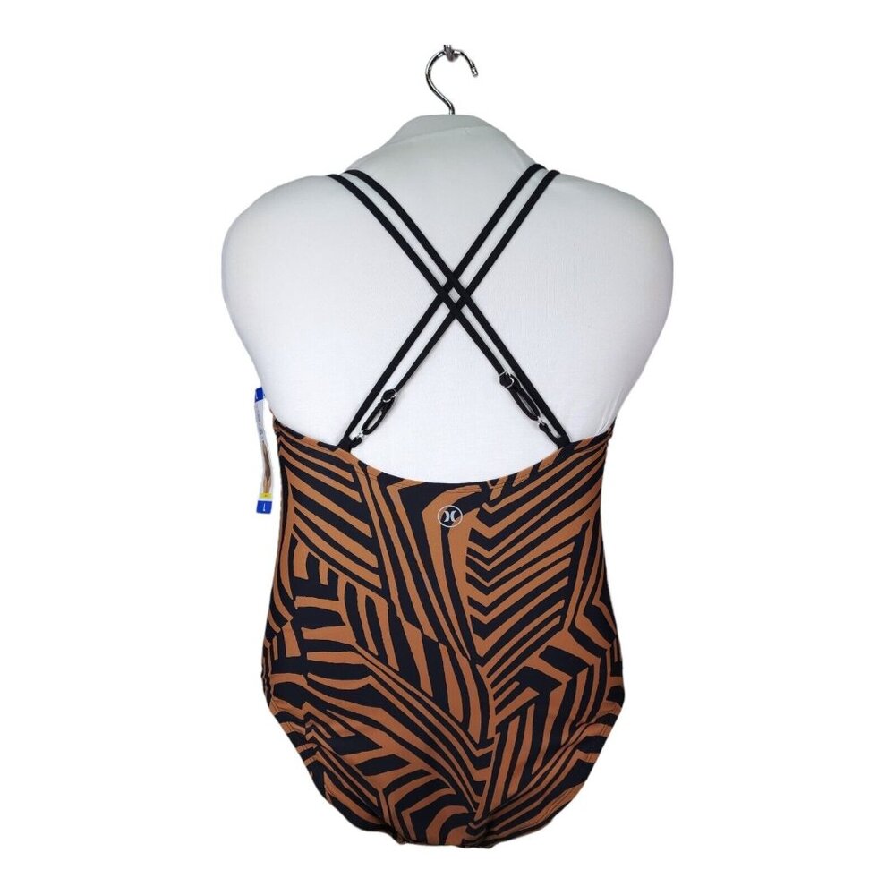 Hurley One Piece Swimsuit Brown Animal Print Size Large UPF 50 V-Neck With Bra - Picture 2 of 9